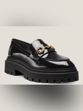 Stuart Weitzman Black Patent Lug Sole Loafers with Gold Horsebit Trim (size 8)